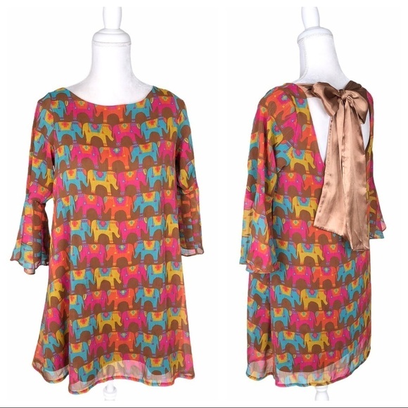 Judith March elephant print swing shift mini dress bow open back medium - Picture 1 of 16